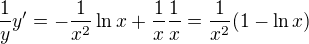 $\frac{1}{y}y'=-\frac{1}{x^{2}}\ln x+\frac{1}{x}\frac{1}{x}=\frac{1}{x^{2}}(1-\ln x)$