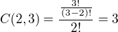 $C(2,3)=\frac{\frac{3!}{(3-2)!}}{2!}=3$