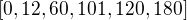 $\left[ 0 , 12 , 60 , 101 , 120 , 180 \right] $