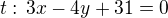 kopírovat do textarea $t:\,3x-4y+31=0$