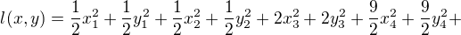 $l(x,y)=\frac{1}{2}x_{1}^{2}+\frac{1}{2}y_{1}^{2}+\frac{1}{2}x_{2}^{2}+\frac{1}{2}y_{2}^{2}+2x_{3}^{2}+2y_{3}^{2}+\frac{9}{2}x_{4}^{2}+\frac{9}{2}y_{4}^{2}+$
