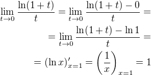 $\lim_{t \to 0}\frac{\ln (1+t)}{t} = \lim_{t \to 0}\frac{\ln (1+t) - 0}{t} = \\= \lim_{t \to 0}\frac{\ln (1+t) - \ln 1}{t} =\\= (\ln x)'_{x =1} =\(\frac{1}{x}\)_{x=1} = 1$