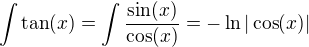 $\int\tan (x)=\int\frac{\sin(x)}{\cos(x)}=-\ln|\cos(x)|$