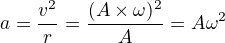 $a=\frac{v^{2}}{r}=\frac{(A\times\omega )^{2}}{A}=A\omega ^{2}$