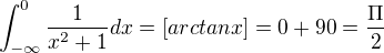 $\int_{-\infty }^{0}\frac{1}{x^2+1}dx = [arctanx] =0+90 = \frac{\Pi }{2}$