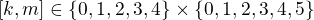 $[k, m] \in \{ 0, 1, 2, 3, 4\}\times \{ 0, 1, 2, 3, 4, 5\}$