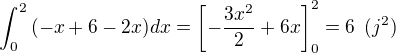 $\int_{0}^{2}{(-x+6-2x)}dx=\[-\frac{3x^2}{2}+6x\]_0^2=6\enspace (j^2)$