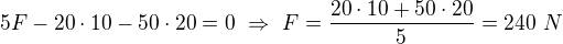 $5F-20\cdot 10-50\cdot20=0\ \Rightarrow\ F=\frac{20\cdot 10+50\cdot20}5=240\ N$