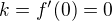 $k=f'(0) = 0$