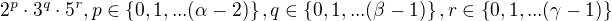 $2^p\cdot3^q\cdot5^r, p\in\{0,1,...(\alpha-2)\},q\in\{0,1,...(\beta-1)\}, r\in\{0,1,...(\gamma-1)\}$