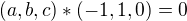 $(a,b,c)*(-1,1,0)=0$