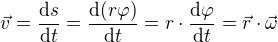 $\vec{v}=\frac{\mathrm{d} s}{\mathrm{d} t}=\frac{\mathrm{d} (r\varphi) }{\mathrm{d} t}=r\cdot \frac{\mathrm{d} \varphi }{\mathrm{d}t }=\vec{r}\cdot \vec{\omega }$
