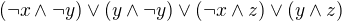 kopírovat do textarea $(\neg x \wedge \neg y) \vee (y\wedge \neg y) \vee (\neg x \wedge z) \vee (y\wedge z)$