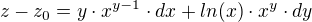 $z - z_0 = y \cdot x^{y-1} \cdot dx + ln(x) \cdot x^y \cdot dy$