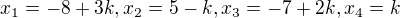 $x_{1}=-8+3k, x_{2}=5-k, x_{3}=-7+2k, x_{4}=k$