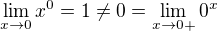 $\lim_{x\to 0}x^0 = 1 \ne 0=\lim_{x\to 0+}0^x $