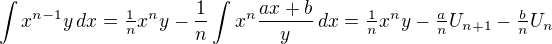 $\int x^{n-1}y\,dx=\tfrac1{n}x^ny-\frac1n\int x^n\frac{ax+b}{y}\,dx=\tfrac1nx^ny-\tfrac{a}{n}U_{n+1}-\tfrac{b}{n}U_n$