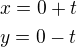 $x=0+t\nly=0-t$
