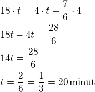 $18 \cdot t = 4\cdot t + \frac{7}{6} \cdot 4\nl18t-4t=\frac{28}{6}\nl14t=\frac{28}{6}\nlt=\frac{2}{6}=\frac 13=20\,\textrm{minut}$