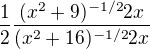 $\frac{1}{2}\frac{(x^{2}+9)^{-1/2}2x}{(x^{2}+16)^{-1/2}2x}$
