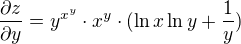 $\frac{\partial{z}}{\partial{y}}=y^{x^y}\cdot x^y\cdot(\ln x \ln y+\frac{1}{y})$