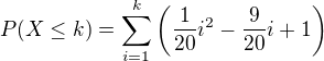 $P(X\leq k)=\sum_{i=1}^k \left(\frac1{20}i^2-\frac9{20}i+1\right)$