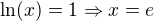 $\ln(x)=1 \Rightarrow x=e$