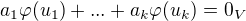 $a_{1}\varphi(u_{1})+ ...+ a_{k}\varphi(u_{k})= 0_V$