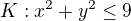 $K: x^2+y^2\le9$