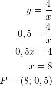 $y=\frac{4}{x}\\0,5=\frac{4}{x}\\0,5x=4\\x=8\\P=(8;\,0,5)$