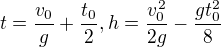 $t=\frac{v_{0}}{g}+\frac{t_{0}}{2}, h=\frac{v_{0}^{2}}{2g}-\frac{gt_{0}^{2}}{8}$