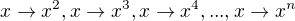 kopírovat do textarea $x\to x^2, x\to x^3,x\to x^4,...,x \to x^n $