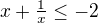 $x+\tfrac1x\le-2$