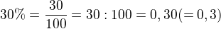 kopírovat do textarea $30\%=\frac{30}{100}=30:100=0,30 (=0,3)$