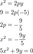 $x^2=2py\nl9=2p(-5)\nl2p=-\frac{9}{5}\nlx^2=-\frac{9y}{5}\nl5x^2+9y=0$