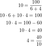 $10=\frac{100}{6+4}\\10\cdot 6+10\cdot 4=100\\10\cdot 4=100-60\\10\cdot 4=40\\4=\frac{40}{10}$