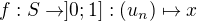 $ f:S \rightarrow ]0;1]:(u_n) \mapsto x $