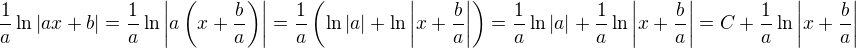 kopírovat do textarea $\frac{1}{a}\ln|ax+b| = \frac{1}{a}\ln\left|a\left(x+\frac{b}{a}\right)\right| = \frac{1}{a}\left(\ln|a| + \ln\left|x+\frac{b}{a}\right|\right) = \frac{1}{a}\ln|a|+\frac{1}{a}\ln\left|x+\frac{b}{a}\right|= C + \frac{1}{a}\ln\left|x+\frac{b}{a}\right|$