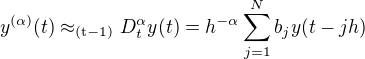 kopírovat do textarea $y^{(\alpha)} (t)\approx _{\mathrm{(t-1)}}D^\alpha_t y(t)=h^{-\alpha} \sum_{j=1}^N b_j y(t-jh)$
