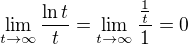 $\lim_{t \to \infty}\frac{\ln t}{t} = \lim_{t \to \infty}\frac{\frac{1}{t}}{1} = 0$