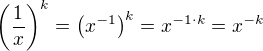 $\left(\frac1x\right)^k=\left(x^{-1}\right)^k=x^{-1\cdot k}=x^{-k}$