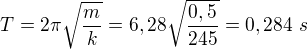 kopírovat do textarea $T=2\pi\sqrt{\frac mk}=6,28\sqrt{\frac{0,5}{245}}=0,284\ s$
