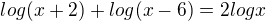 kopírovat do textarea $log(x+2)+log(x-6)=2logx$
