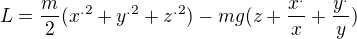 $L = \frac{m}{2}(x^{.2}+y^{.2}+z^{.2})-mg(z+\frac{x^{.}}{x}+\frac{y^{.}}{y})$