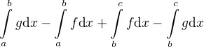 $\int\limits_a^b g \mbox{d}x - \int\limits_a^b f \mbox{d}x + \int\limits_b^c f\mbox{d}x - \int\limits_b^c g \mbox{d}x$