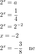 $2^x=a\nl2^x=\frac 14\nl2^x=2^{-2}\nlx=-2\nl2^x=-\frac 38\quad\rm{ne}$