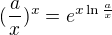 $(\frac{a}{x})^{x}=e^{x\ln\frac{a}{x}}$