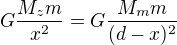 $G\frac{M_zm}{x^2}=G\frac{M_mm}{(d-x)^2}$