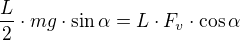 $\frac{L}{2}\cdot mg\cdot \sin{\alpha}=L \cdot F_v \cdot \cos{\alpha}$