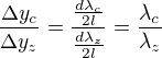 $\frac{\Delta y_c}{\Delta y_z}=\frac{\frac{d\lambda _c}{2l}}{\frac{d\lambda _z}{2l}}=\frac{\lambda _c}{\lambda _z}$